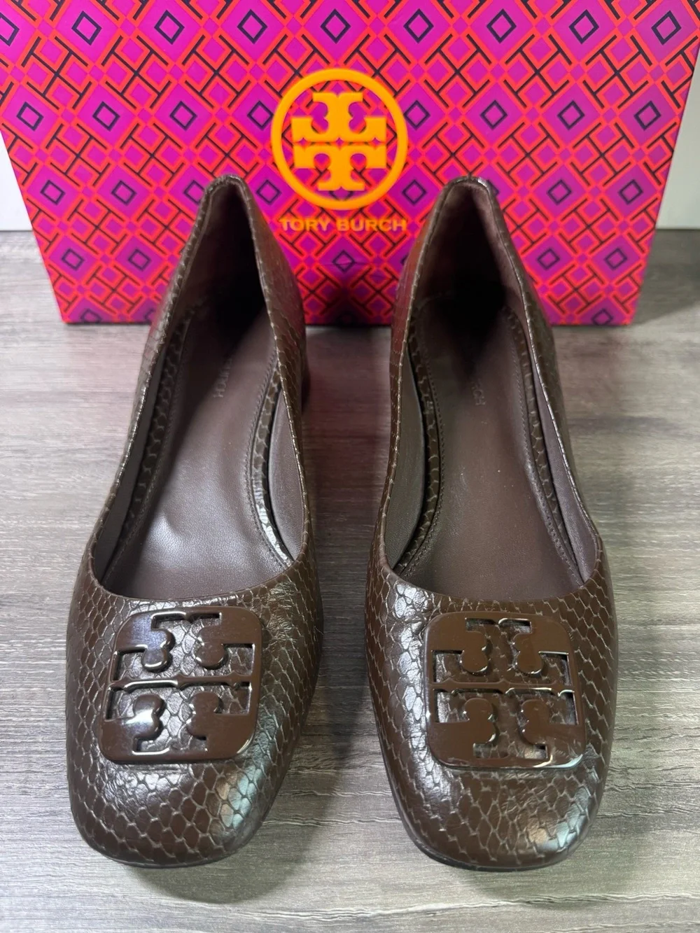 Tory Burch Georgia Ballet Snakeskin Block Heels size 7.5 $328